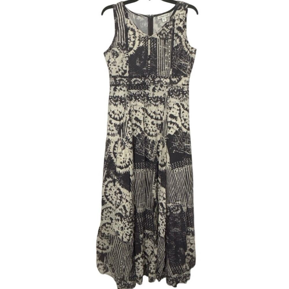 Coldwater Creek Artsy Boho Maxi Dress Size 8 Abstract Black Cream Cotton Coastal